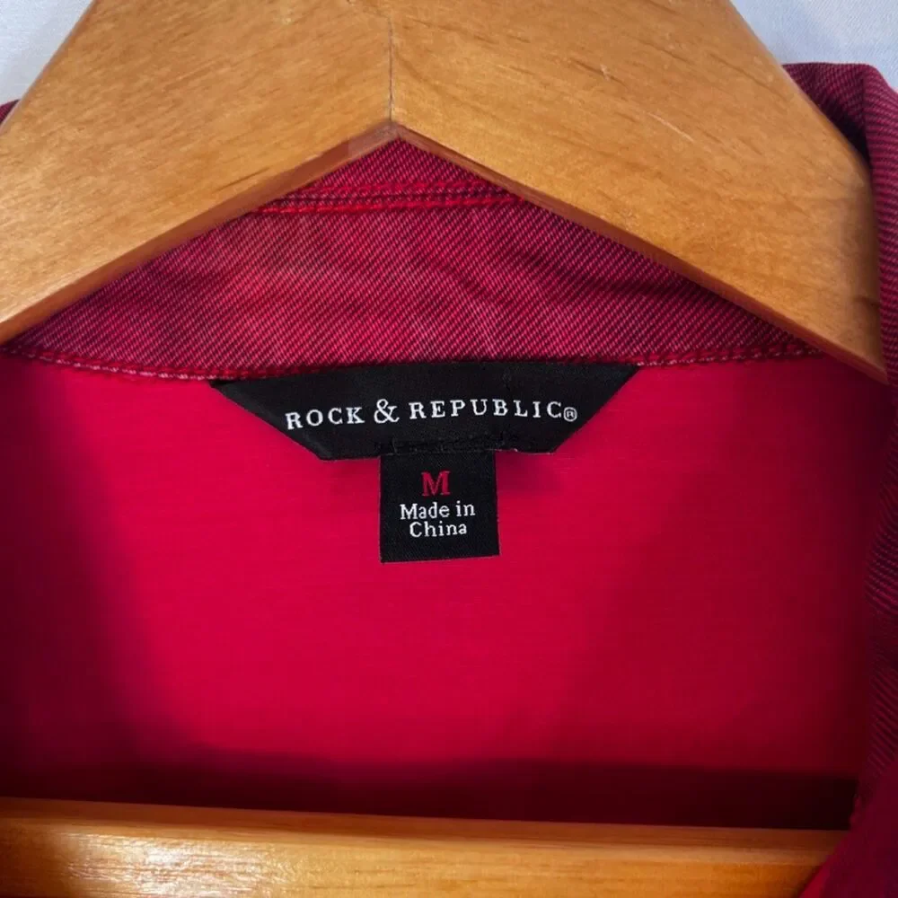 Rock & Republic Stonewash Red Moto Denim Jean Jacket Cropped Size MD Streetwear - Picture 8 of 10